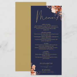 Landelijke bloemige marineblauwe en gouden huwelij menu