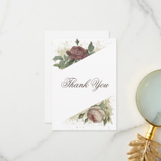 Landelijke bloemige moderne burgundy Marsala goude Bedankkaart (Voorkant / Achterkant in situ)