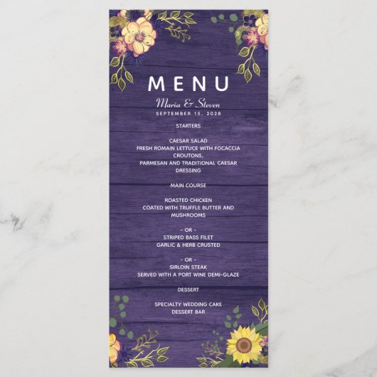 Landelijke Bloemige Paarse Trouwmenu Menu (Voorkant)