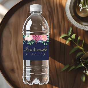 Landelijke bloemige trouwnavy waterfles etiket