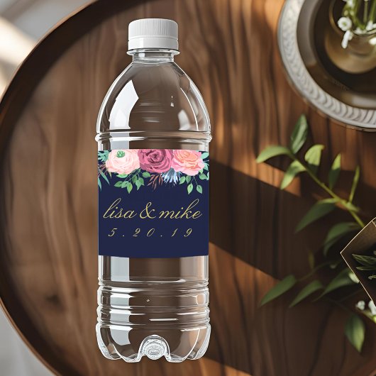 Landelijke bloemige trouwnavy waterfles etiket