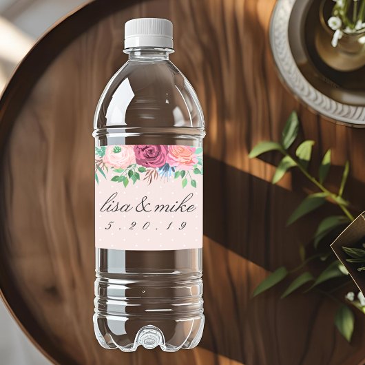 Landelijke bloemige trouwroze waterfles etiket