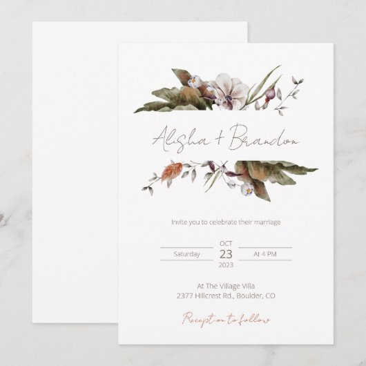 Landelijke bloemige trouwuitnodiging kaart (Voorkant / Achterkant)