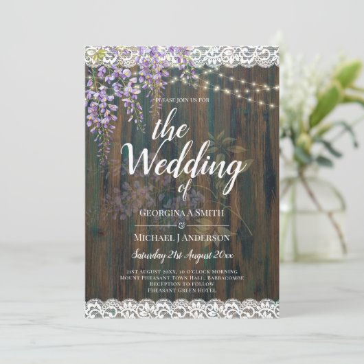 Landelijke bloemige trouwuitnodiging Wisteria Kant Kaart (Staand voorkant)