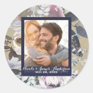 Landelijke bloemrijke glam navy kraft foto trouwgu ronde sticker