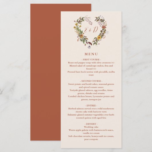 Landelijke bloemrijke herfsttrouwdiner menu (Voorkant / Achterkant)