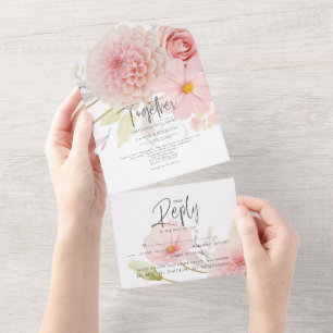Landelijke Blozende Roze Bloemen All In One Uitnodiging