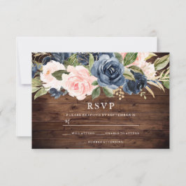 Landelijke Blush & Navy Bloemen Bruiloftsinvitatio RSVP Kaartje