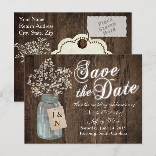 Landelijke boerderij bruiloft houten metselaars po aankondigingskaart (Voorkant / Achterkant)