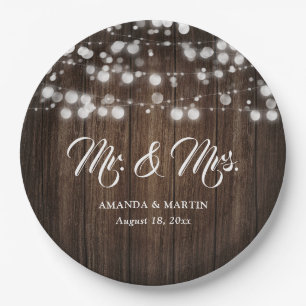 Landelijke boerderij houten slingerlichtjes bruilo papieren bordje