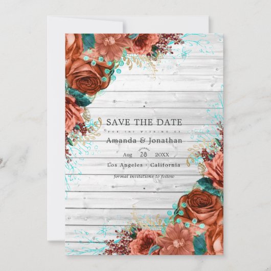 Landelijke boerderij koraal en turkoois bloemens t save the date (Voorkant)