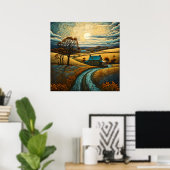 Landelijke boerderij met zonsondergang landbouw in poster (Thuiskantoor)