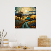 Landelijke boerderij met zonsondergang landbouw in poster (Keuken)