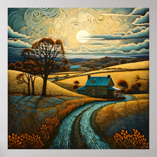 Landelijke boerderij met zonsondergang landbouw in poster