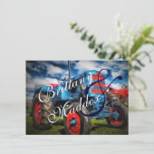 Landelijke Boerderij Tractor Blue Wedding Invitati Kaart (Staand voorkant)