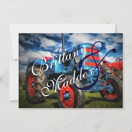 Landelijke Boerderij Tractor Blue Wedding Invitati Kaart (Voorkant)