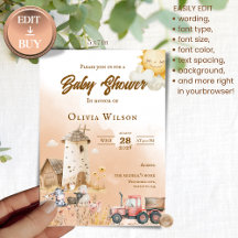 Landelijke boerderijdier baby shower uitnodiging