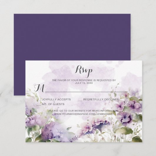 Landelijke Boho Lavendel Paarse Bloemige Bruiloft RSVP Kaartje (Voorkant / Achterkant)