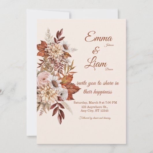 Landelijke Boho Trouwuitnodiging | Beige Bloemkaar Kaart (Voorkant)