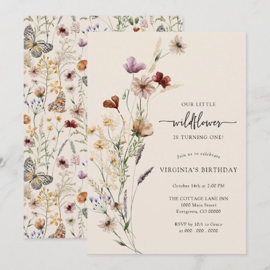 Landelijke Boho Wilde Bloem Verjaardagsuitnodiging Kaart (Voorkant / Achterkant)