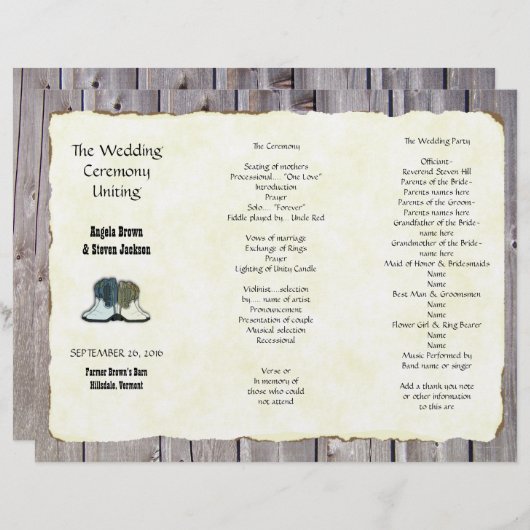 Landelijke Boots Rustic Tri-voudig Barn Wedding Pr (Voorkant / Achterkant)