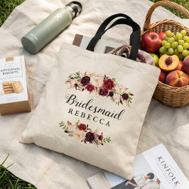 Landelijke bordeauxrode bloem bruidsmeisje favor tote bag
