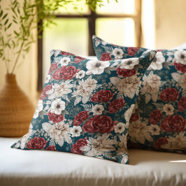 Landelijke bordeauxroze turquoise bloempatroon kussen