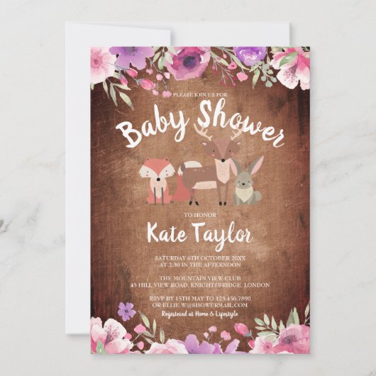 Landelijke bosdieren Roze bloemenkinderfeestje Kaart (Voorkant)