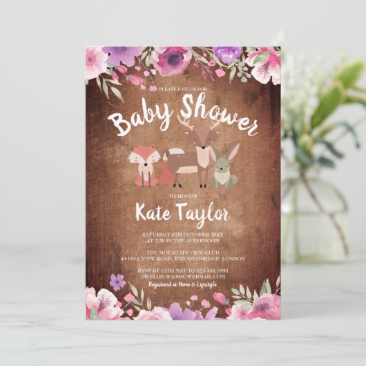 Landelijke bosdieren Roze bloemenkinderfeestje Kaart (Staand voorkant)