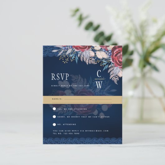 Landelijke Bourgogne Blauwe Bloemrijke Kanten Trou (Staand voorkant)