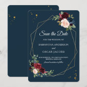 Landelijke Bourgogne Navyblauw & Rode Gouden Bloem Save The Date (Voorkant / Achterkant)