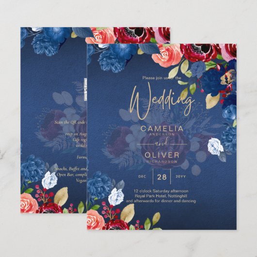 Landelijke Bourgondië Blauw Bloem Bruiloft (Voorkant / Achterkant)