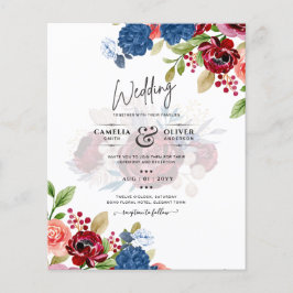 Landelijke Bourgondië Blauw Bloemige Bruiloft Flyer
