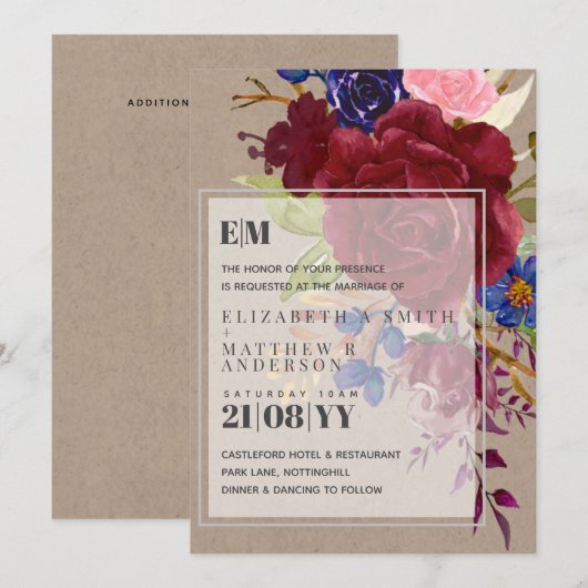 Landelijke Bourgondië Blauwe Roos Bloemige Trouw U (Voorkant / Achterkant)