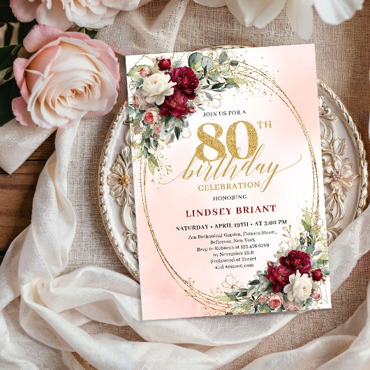 Landelijke Bourgondië Boho Bloemen 80ste Verjaarda Kaart