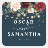 Landelijke Bourgondië Marineblauw & Rode Bloemen & Vierkante Sticker (Voorkant)