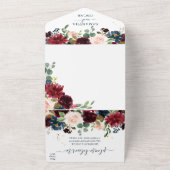 Landelijke Bourgondië Navyblauw & Rode Bloemenprac All In One Uitnodiging (Buitenkant)