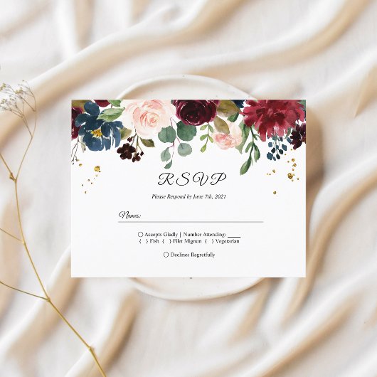 Landelijke Bourgondië Navyblauw & Rode Schoonheid Uitnodiging Briefkaart