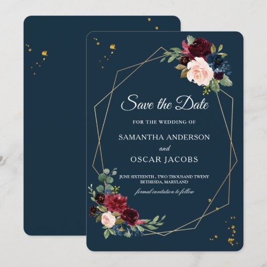 Landelijke Bourgondië Nawy Blauwe & Rode Gouden Bl Save The Date (Voorkant / Achterkant)