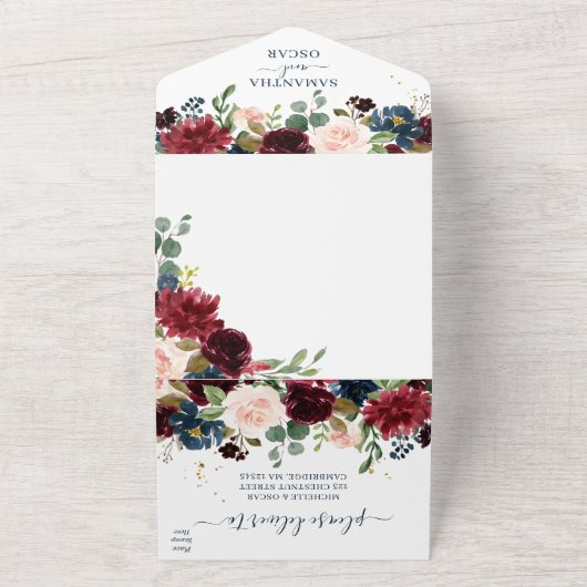 Landelijke Bourgondië Nawy Blauwe & Rode Schoonhei All In One Uitnodiging (Buitenkant)