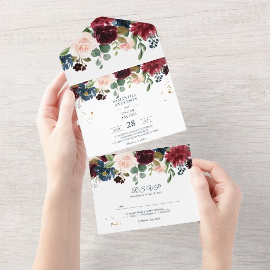 Landelijke Bourgondië Nawy Blauwe & Rode Schoonhei All In One Uitnodiging (Afscheurbaar)