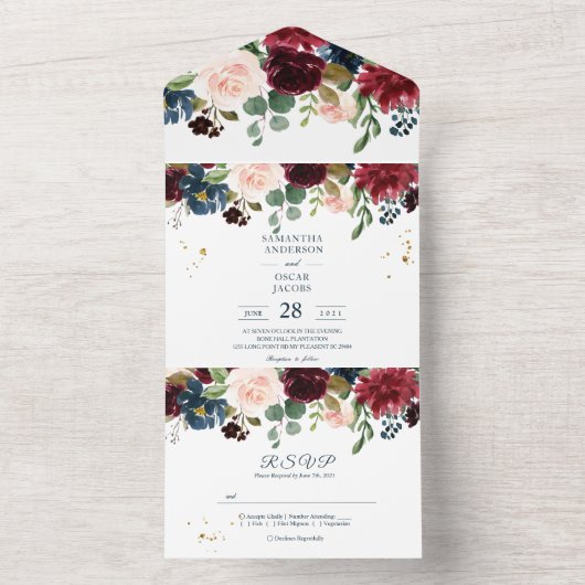 Landelijke Bourgondië Nawy Blauwe & Rode Schoonhei All In One Uitnodiging (Binnen)