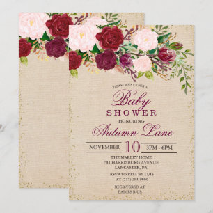Landelijke Bourgondische bloemen baby shower uitno Kaart