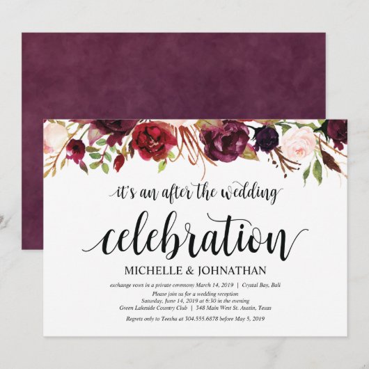 Landelijke Bourgondische bloemenuitnodigingen voor Kaart (Voorkant / Achterkant)