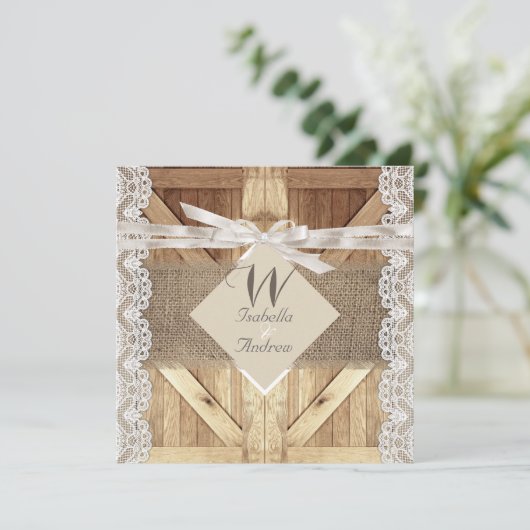 Landelijke bruiloft deur beige witte kant hout jut kaart (Staand voorkant)