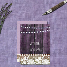 landelijke bruiloft met hout, kant, slingerlichtje kaart