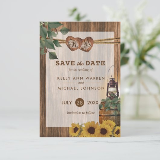 Landelijke bruiloft met zonnebloemen save the date (Staand voorkant)