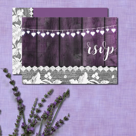 landelijke bruiloft RSVP - hout, kant, touwtjes ha Kaart