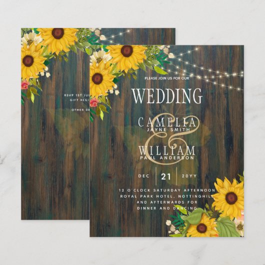 Landelijke bruiloft Rustic Wood Sunflower Inv (Voorkant / Achterkant)