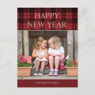 Landelijke Buffalo Plaid Gelukkig Nieuwjaar Foto Briefkaart